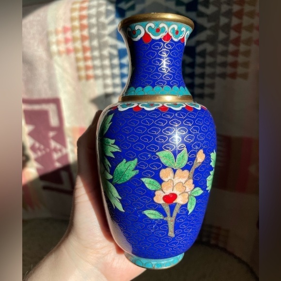 VTG Mid Century Chinese 6" Tall Filagree Enamel Cloisonné Vases Set of 2 Blue - Picture 5 of 14